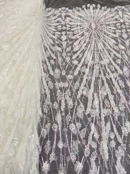 Off-White Heavy Beaded Squines Lace Fabric, Embroidered Tulle Bridal Dress Material, Party Dress Tulle, Luxury Couture Lace Fabric