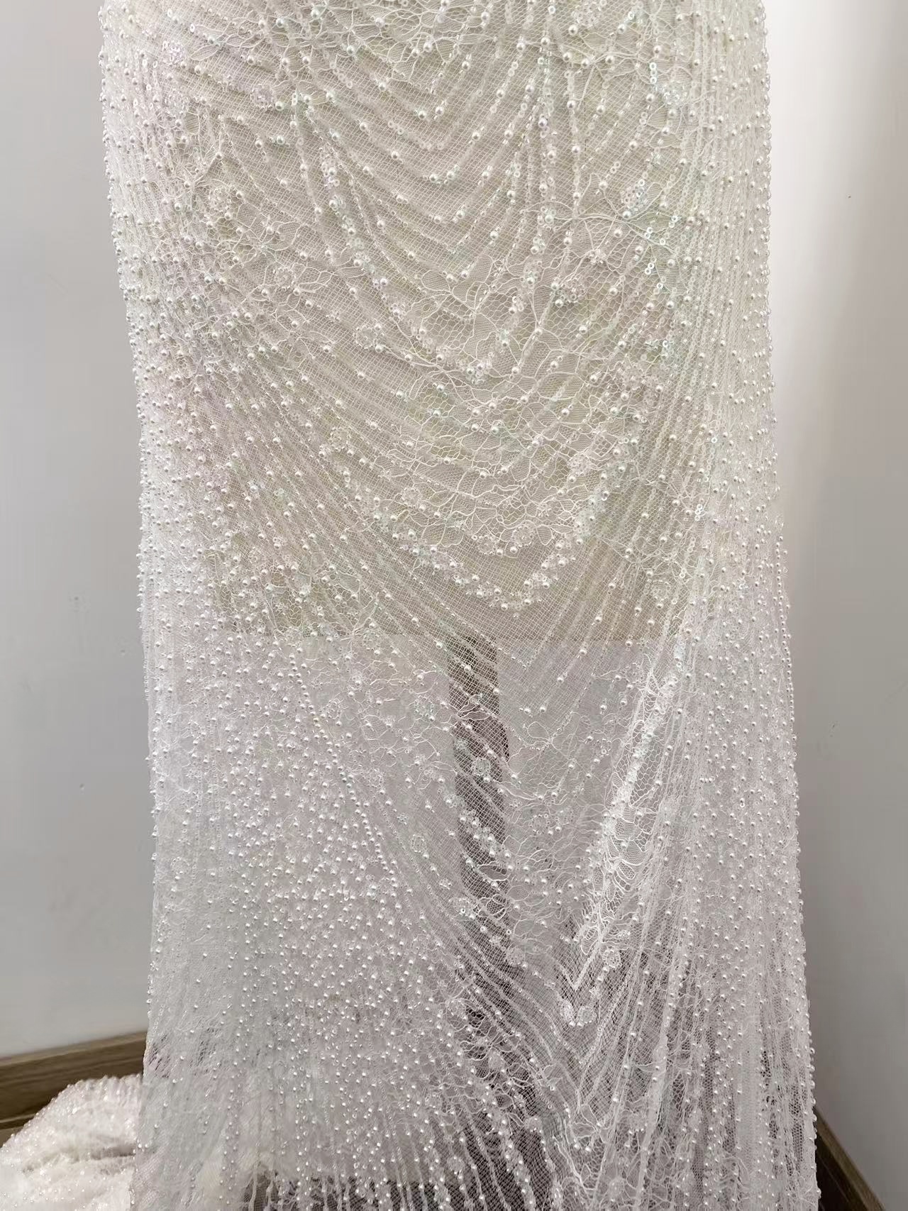 Heavy Sequin Beaded Lace Fabric, Stripe Lace on Soft Mesh for Bridal Wedding Dress, Prom Dress, Flower Embroidery Tulle Lace by the yard