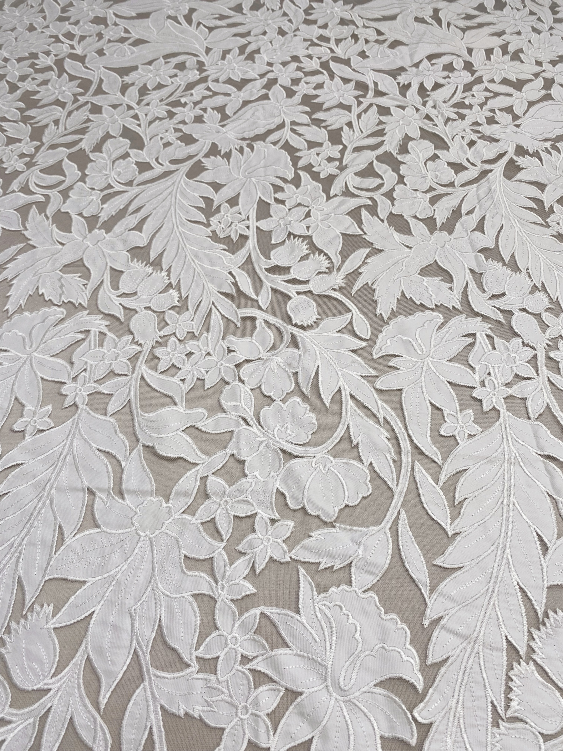 Ivory Floral Lace on Mesh with Large Appliqués, Bridal Lace Fabric with Dimensional Embroidery for Wedding Dress