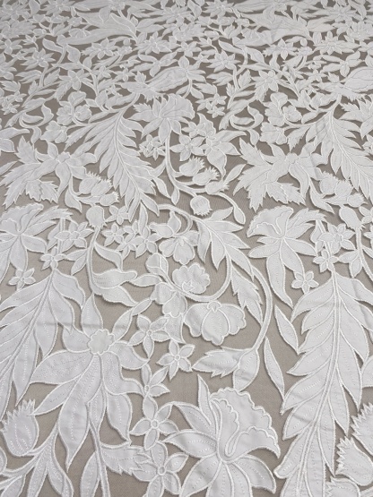 Ivory Floral Lace on Mesh with Large Appliqués, Bridal Lace Fabric with Dimensional Embroidery for Wedding Dress