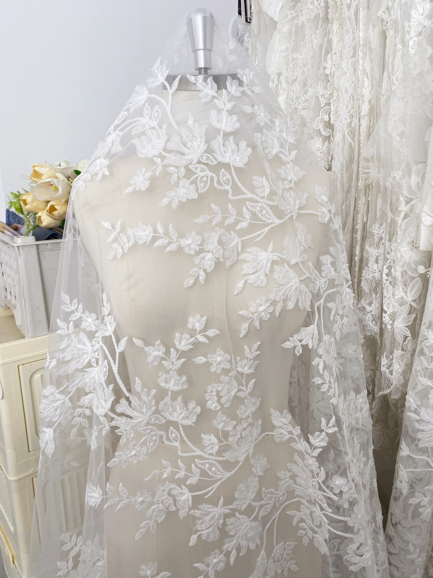 3D Off White Flower Petal Embroidery Lace Fabric, Wedding Bridal Evening Dress Costume Veil Dress Materials Sold by yard