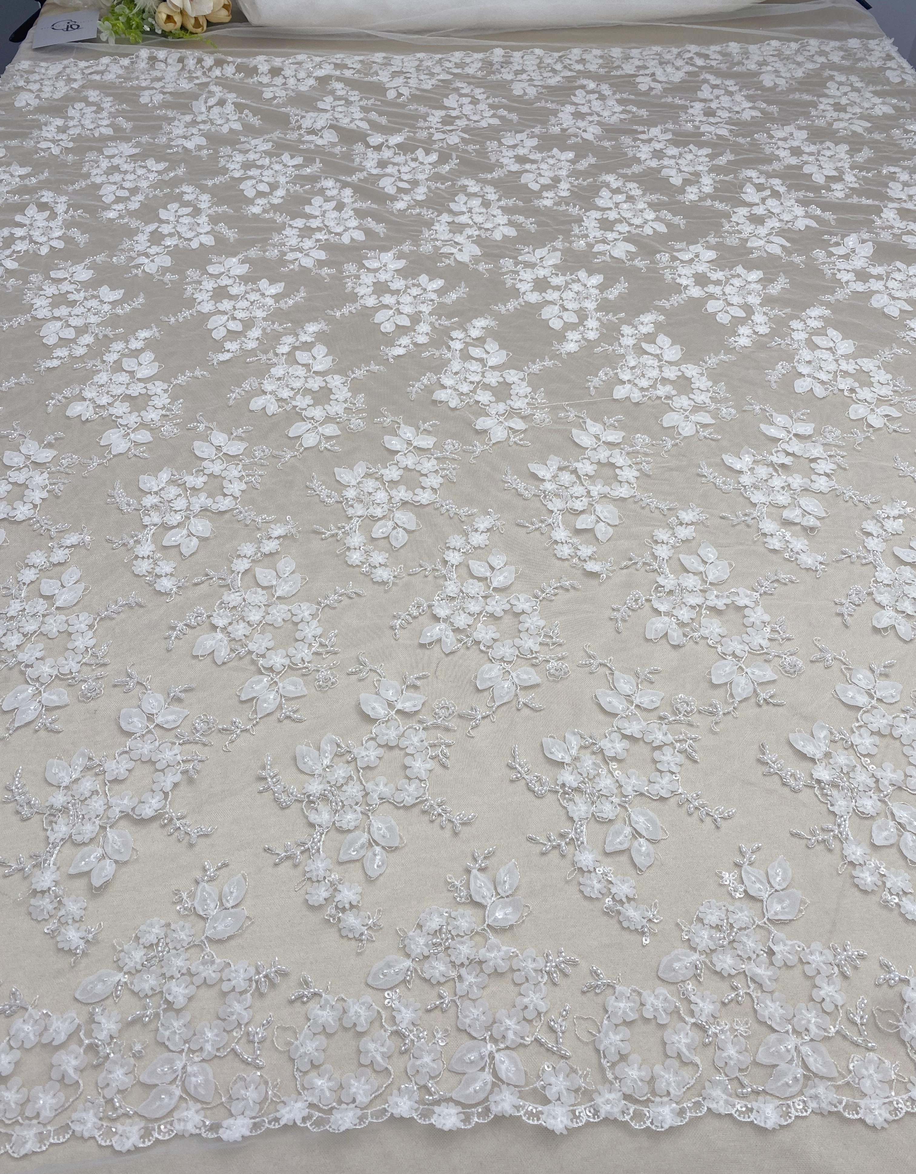 Ivory 3D Flower Beaded Sequin Lace Fabric, Bridal Floral Embroidered Tulle for Wedding Dress, Veil, Couture, by the Yard