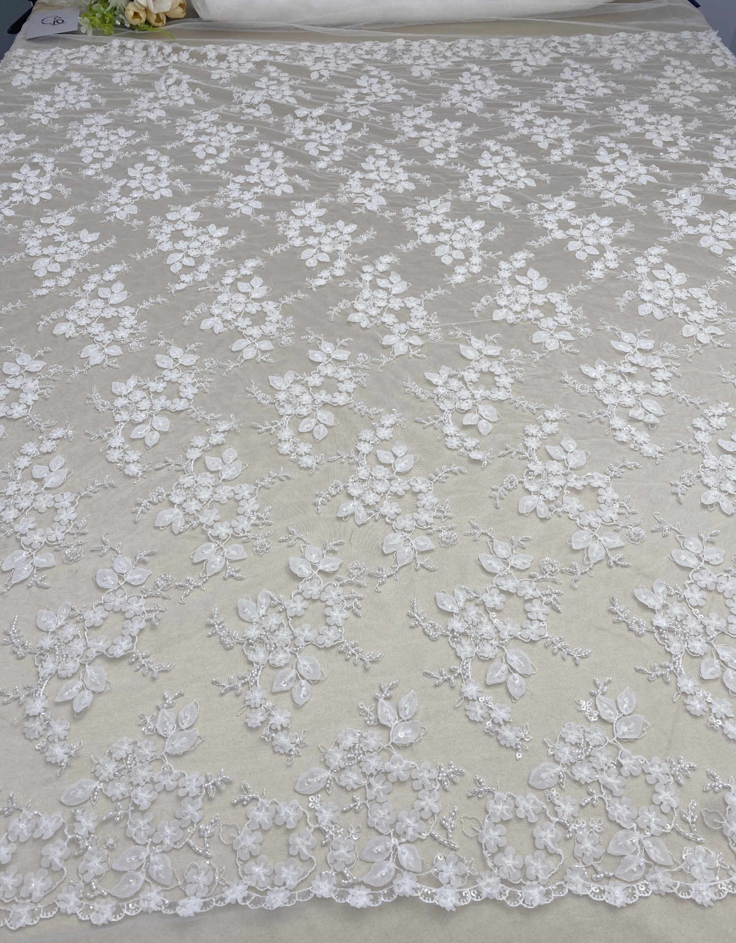 Ivory 3D Flower Beaded Sequin Lace Fabric, Bridal Floral Embroidered Tulle for Wedding Dress, Veil, Couture, by the Yard