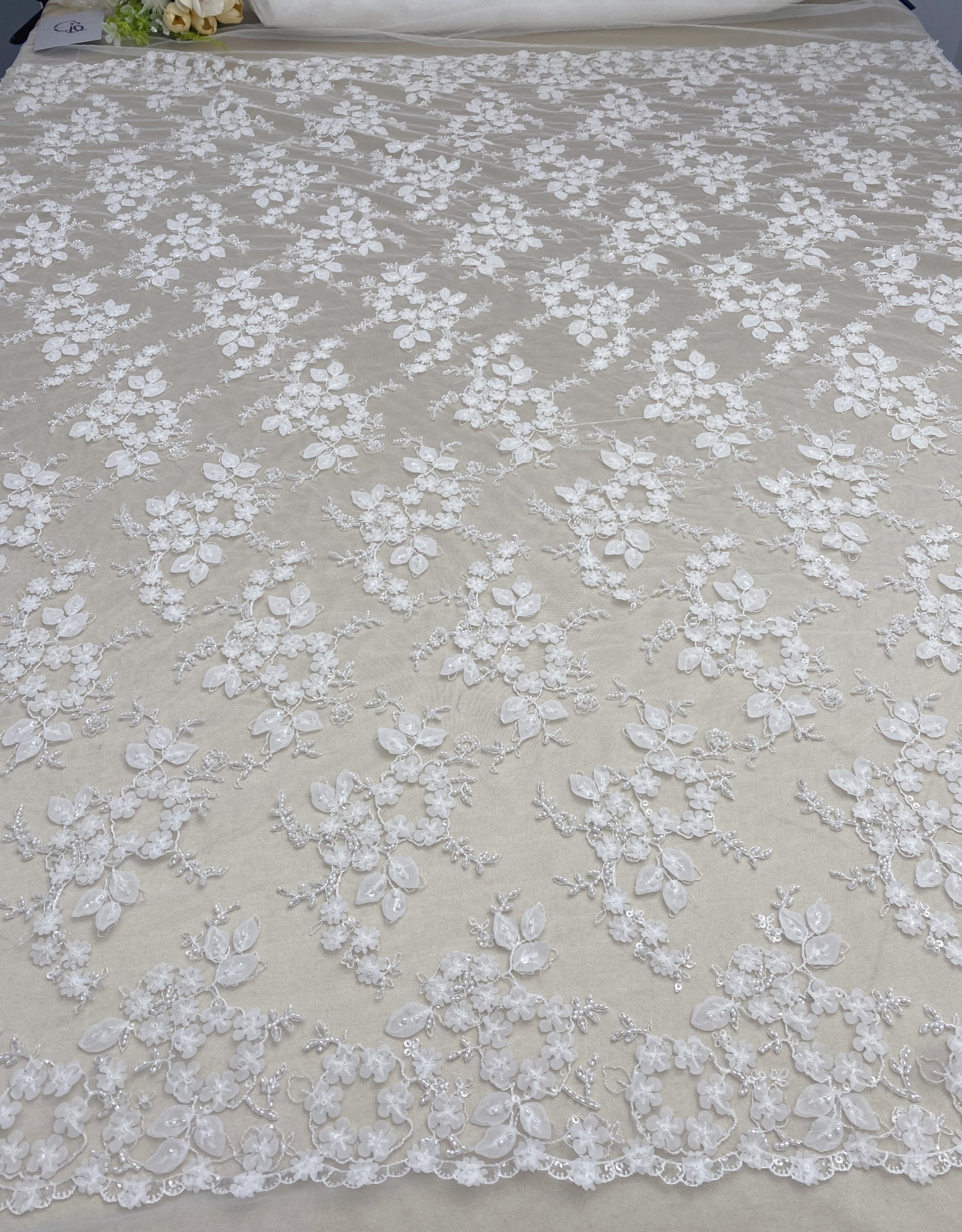 Ivory 3D Flower Beaded Sequin Lace Fabric, Bridal Floral Embroidered Tulle for Wedding Dress, Veil, Couture, by the Yard