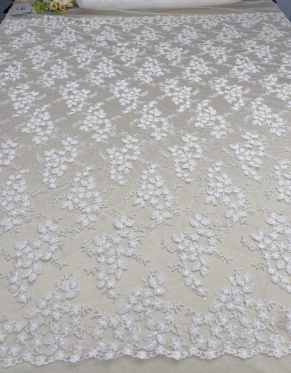 Ivory 3D Flower Beaded Sequin Lace Fabric, Bridal Floral Embroidered Tulle for Wedding Dress, Veil, Couture, by the Yard