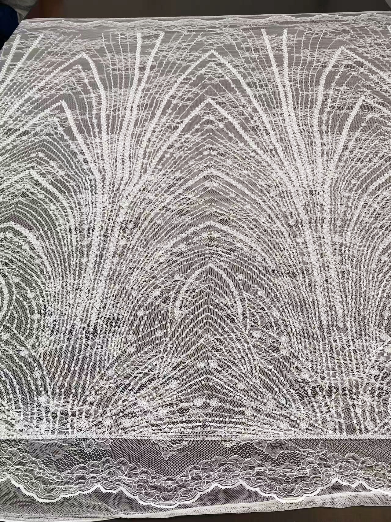 Heavy Sequin Beaded Lace Fabric, Stripe Lace on Soft Mesh for Bridal Wedding Dress, Prom Dress, Flower Embroidery Tulle Lace by the yard