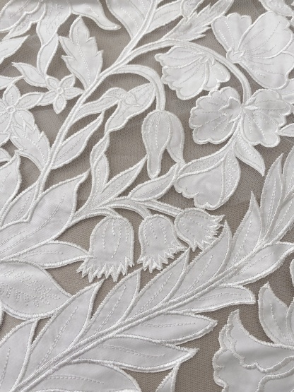 Ivory Floral Lace on Mesh with Large Appliqués, Bridal Lace Fabric with Dimensional Embroidery for Wedding Dress