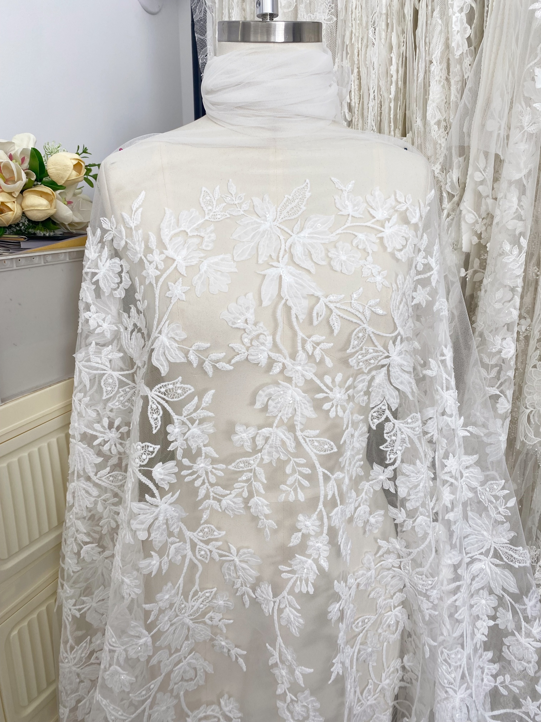 3D Off White Flower Petal Embroidery Lace Fabric, Wedding Bridal Evening Dress Costume Veil Dress Materials Sold by yard