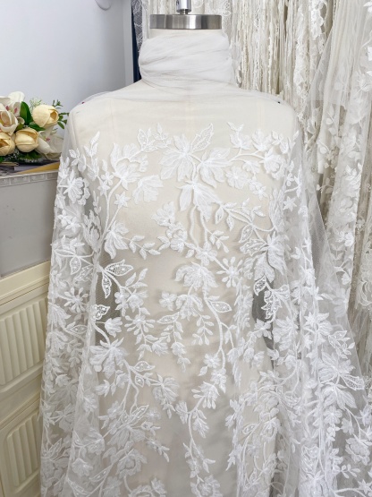 3D Off White Flower Petal Embroidery Lace Fabric, Wedding Bridal Evening Dress Costume Veil Dress Materials Sold by yard