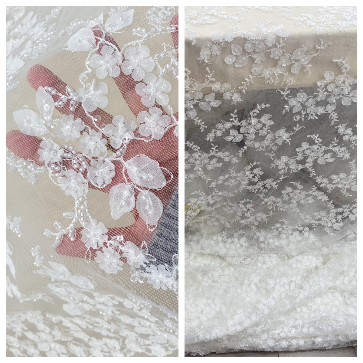 Ivory 3D Flower Beaded Sequin Lace Fabric, Bridal Floral Embroidered Tulle for Wedding Dress, Veil, Couture, by the Yard