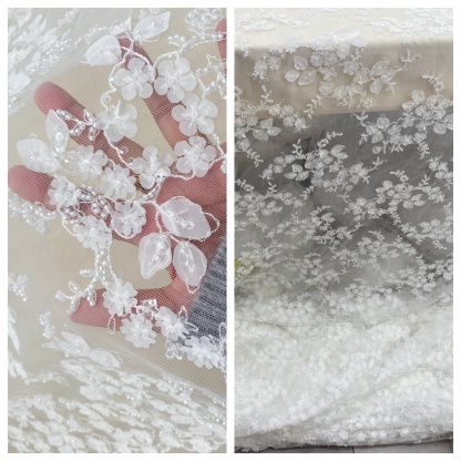 Ivory 3D Flower Beaded Sequin Lace Fabric, Bridal Floral Embroidered Tulle for Wedding Dress, Veil, Couture, by the Yard