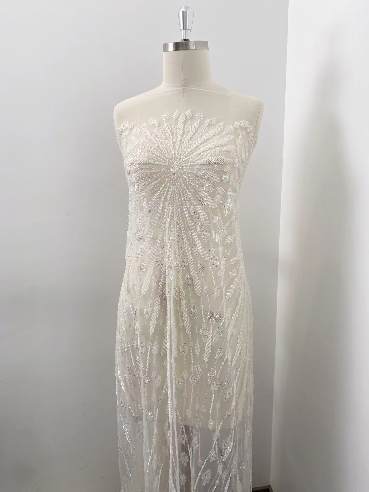 Off-White Heavy Beaded Squines Lace Fabric, Embroidered Tulle Bridal Dress Material, Party Dress Tulle, Luxury Couture Lace Fabric