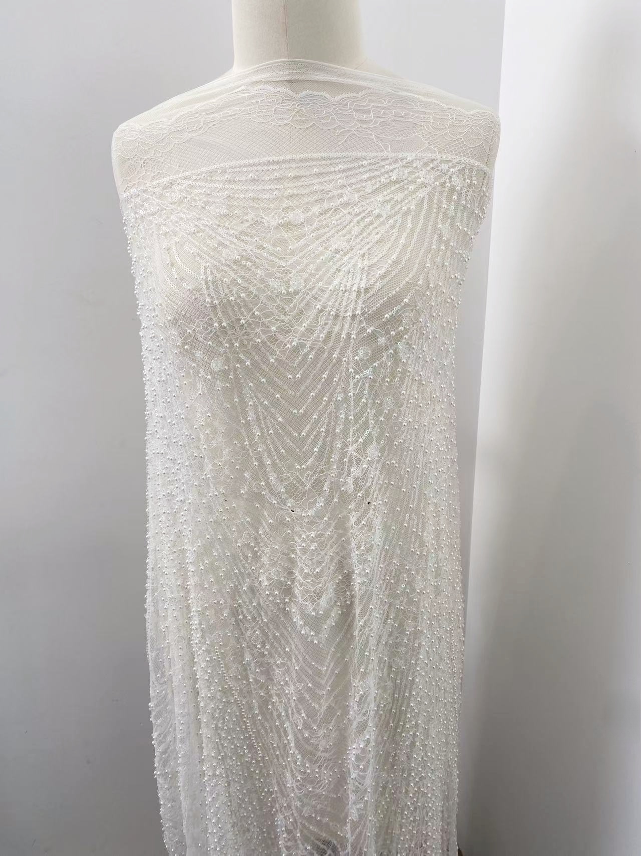 Heavy Sequin Beaded Lace Fabric, Stripe Lace on Soft Mesh for Bridal Wedding Dress, Prom Dress, Flower Embroidery Tulle Lace by the yard