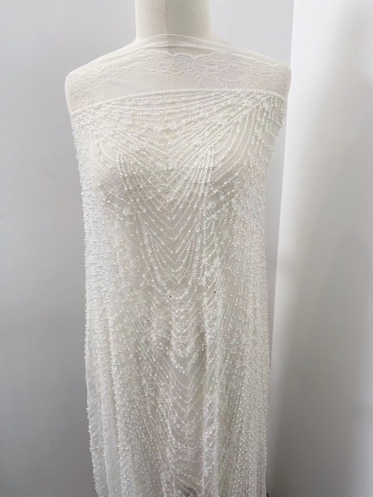 Heavy Sequin Beaded Lace Fabric, Stripe Lace on Soft Mesh for Bridal Wedding Dress, Prom Dress, Flower Embroidery Tulle Lace by the yard