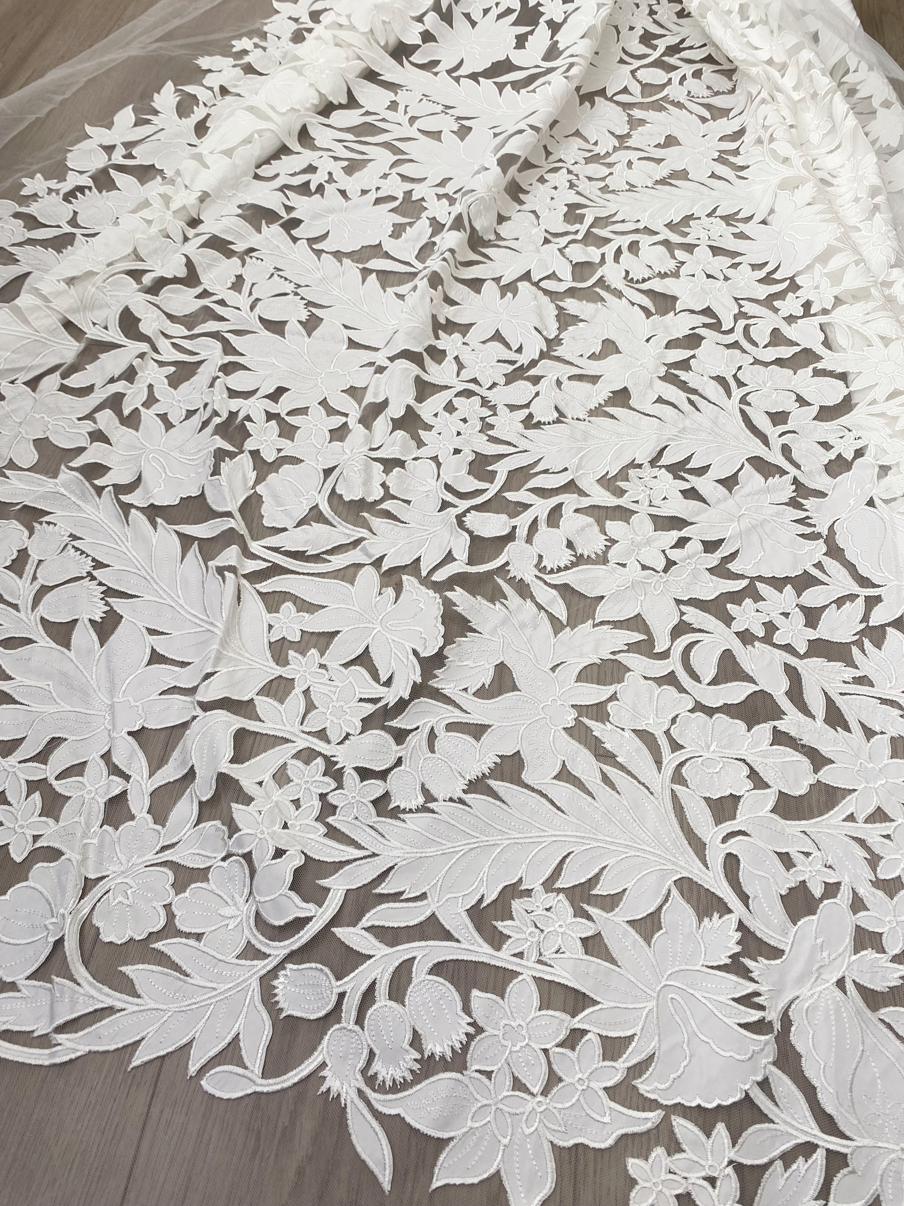 Ivory Floral Lace on Mesh with Large Appliqués, Bridal Lace Fabric with Dimensional Embroidery for Wedding Dress