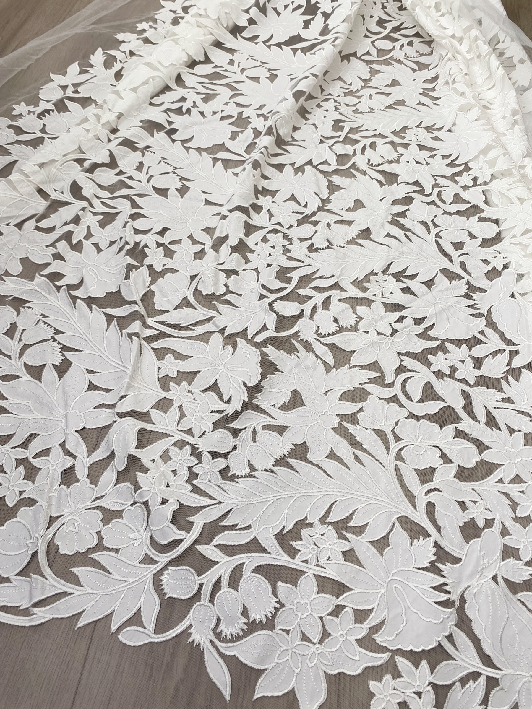 Ivory Floral Lace on Mesh with Large Appliqués, Bridal Lace Fabric with Dimensional Embroidery for Wedding Dress