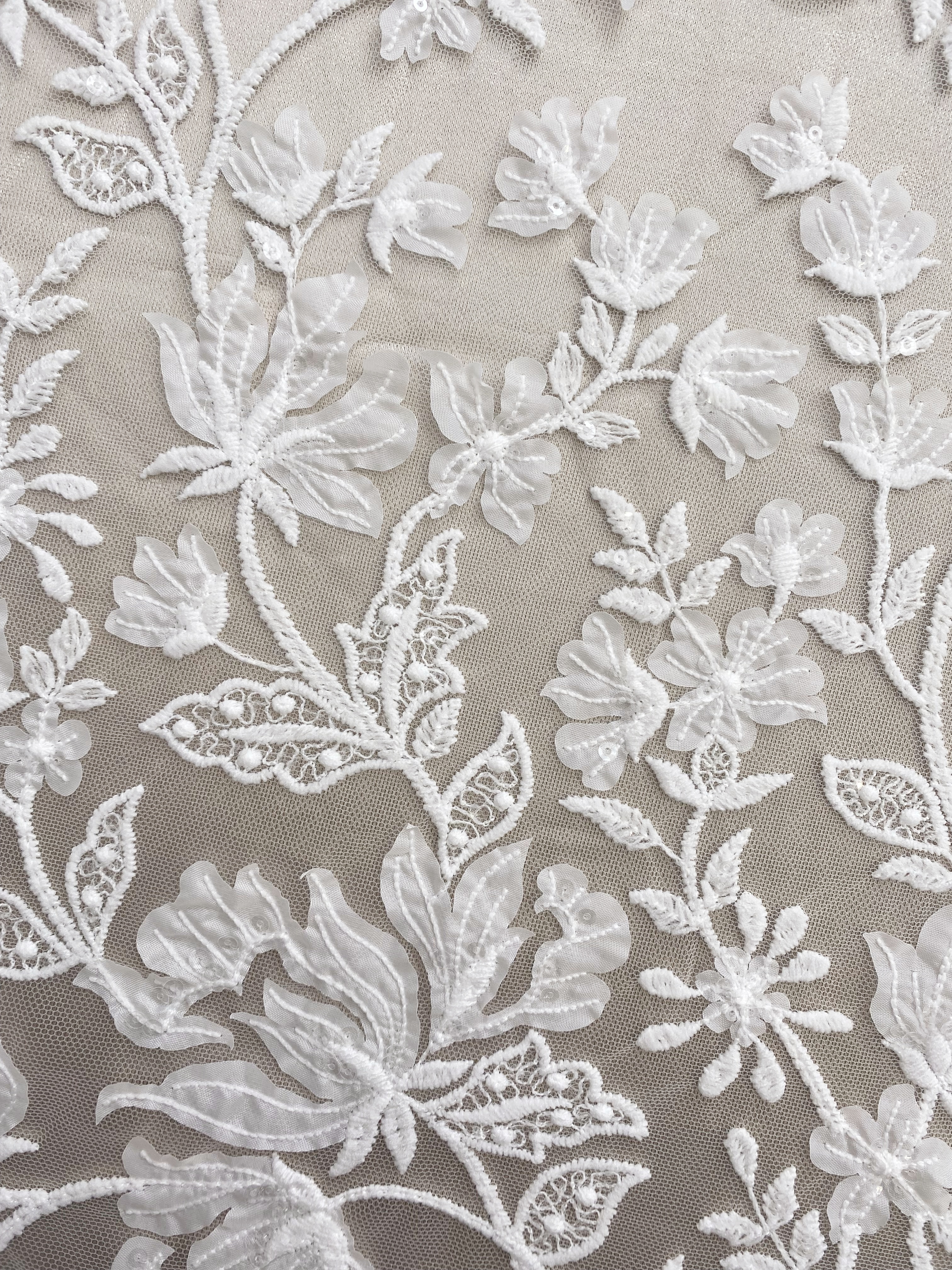 3D Off White Flower Petal Embroidery Lace Fabric, Wedding Bridal Evening Dress Costume Veil Dress Materials Sold by yard