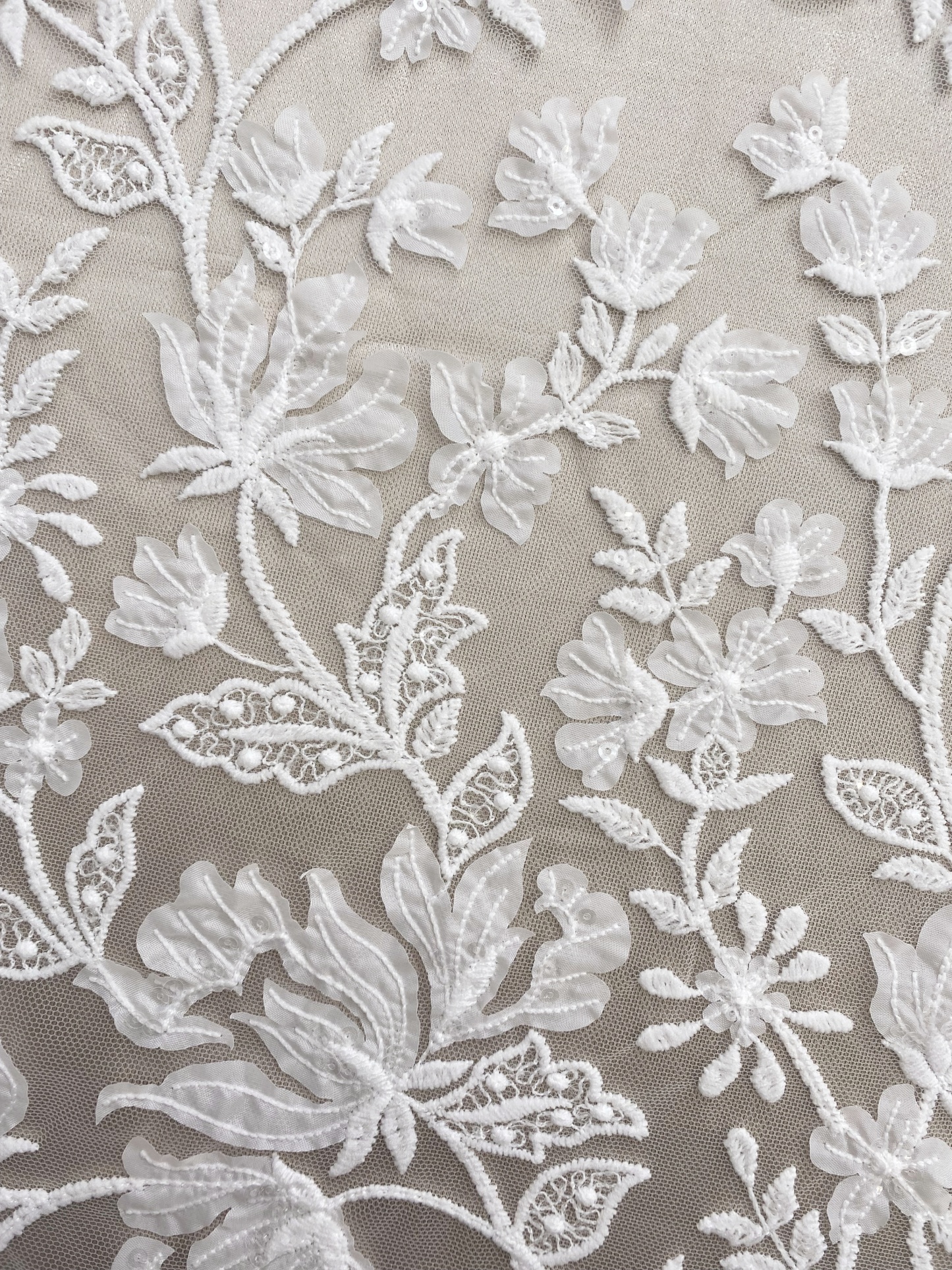 3D Off White Flower Petal Embroidery Lace Fabric, Wedding Bridal Evening Dress Costume Veil Dress Materials Sold by yard