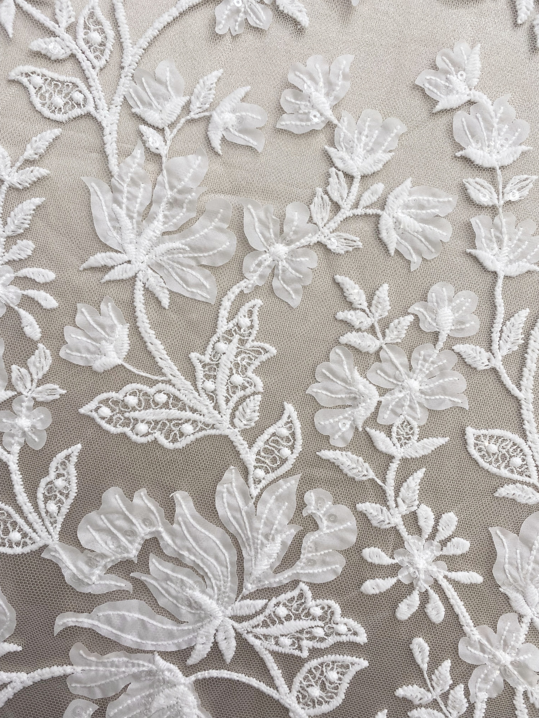 3D Off White Flower Petal Embroidery Lace Fabric, Wedding Bridal Evening Dress Costume Veil Dress Materials Sold by yard