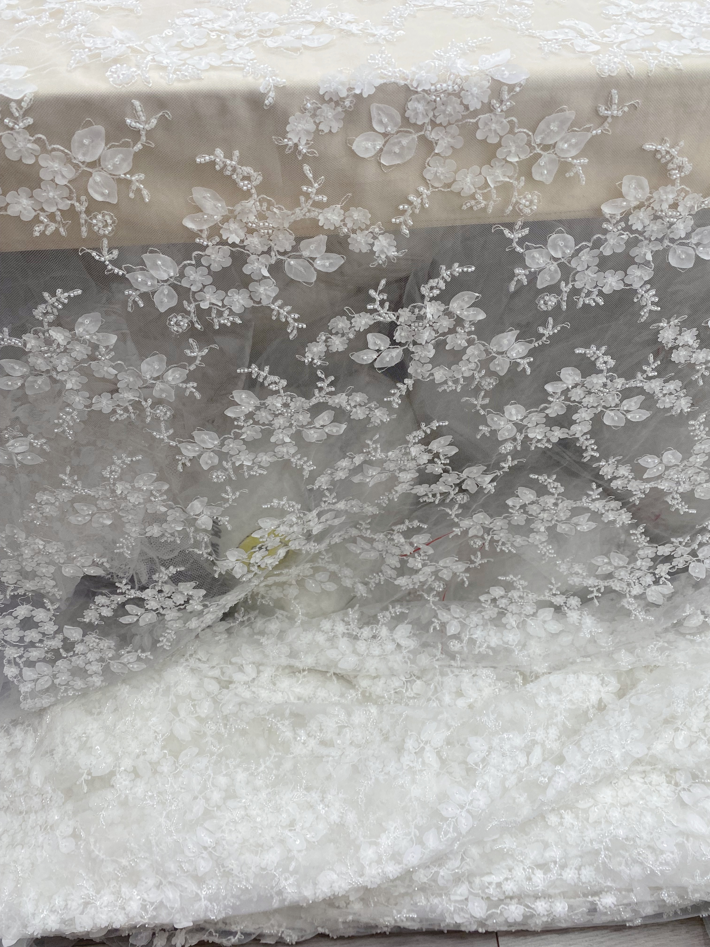 Ivory 3D Flower Beaded Sequin Lace Fabric, Bridal Floral Embroidered Tulle for Wedding Dress, Veil, Couture, by the Yard