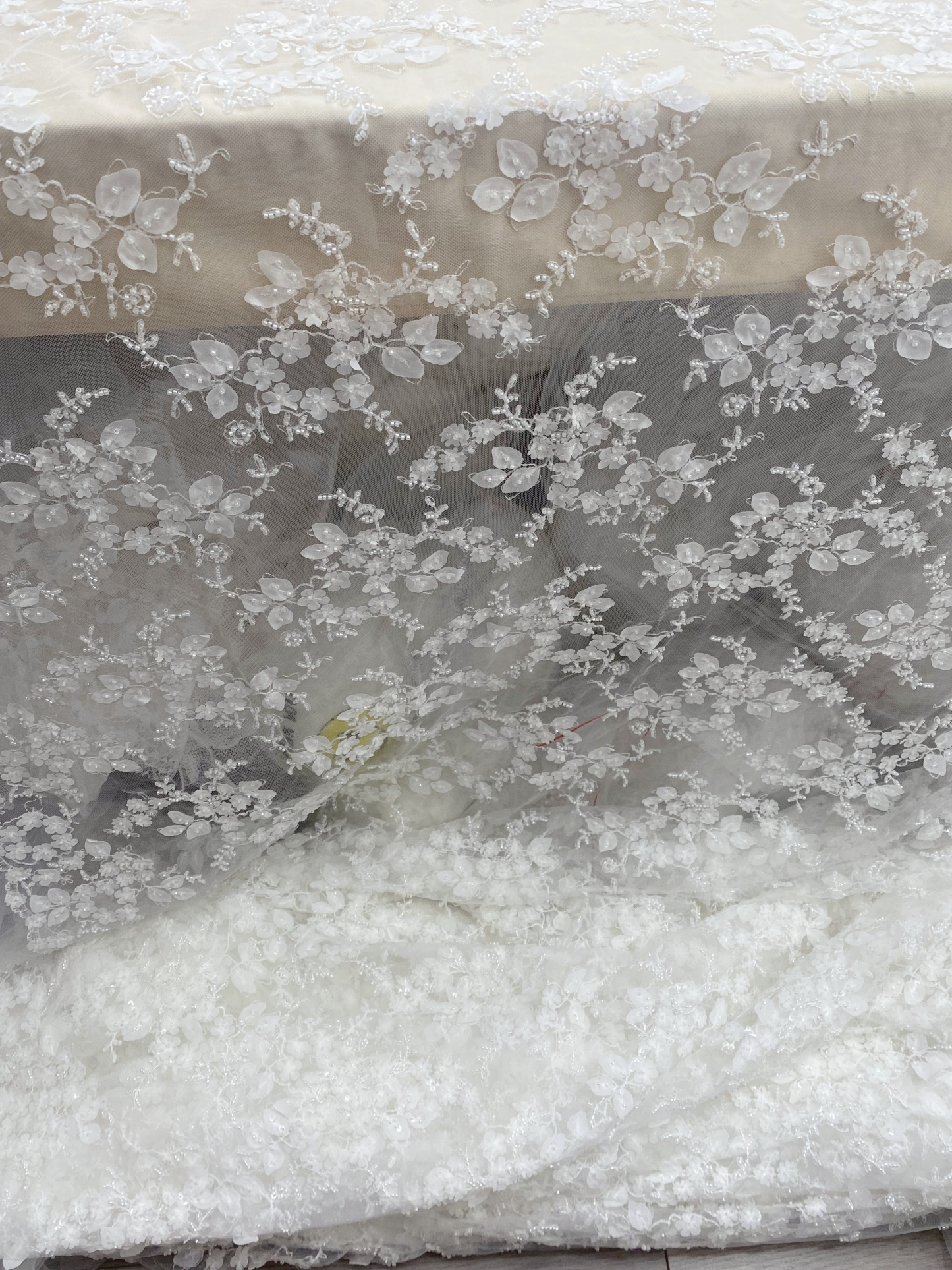 Ivory 3D Flower Beaded Sequin Lace Fabric, Bridal Floral Embroidered Tulle for Wedding Dress, Veil, Couture, by the Yard