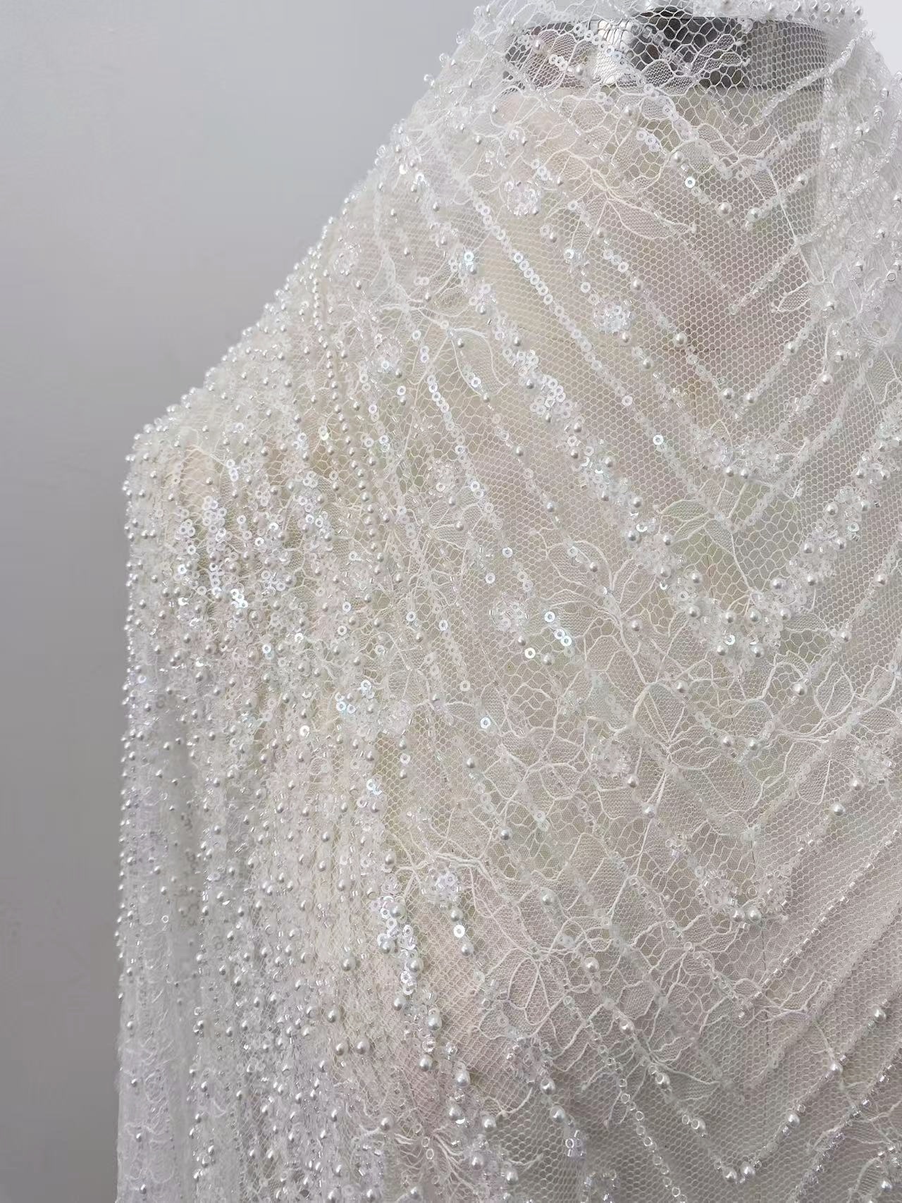 Heavy Sequin Beaded Lace Fabric, Stripe Lace on Soft Mesh for Bridal Wedding Dress, Prom Dress, Flower Embroidery Tulle Lace by the yard