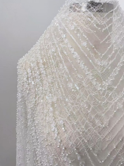 Heavy Sequin Beaded Lace Fabric, Stripe Lace on Soft Mesh for Bridal Wedding Dress, Prom Dress, Flower Embroidery Tulle Lace by the yard