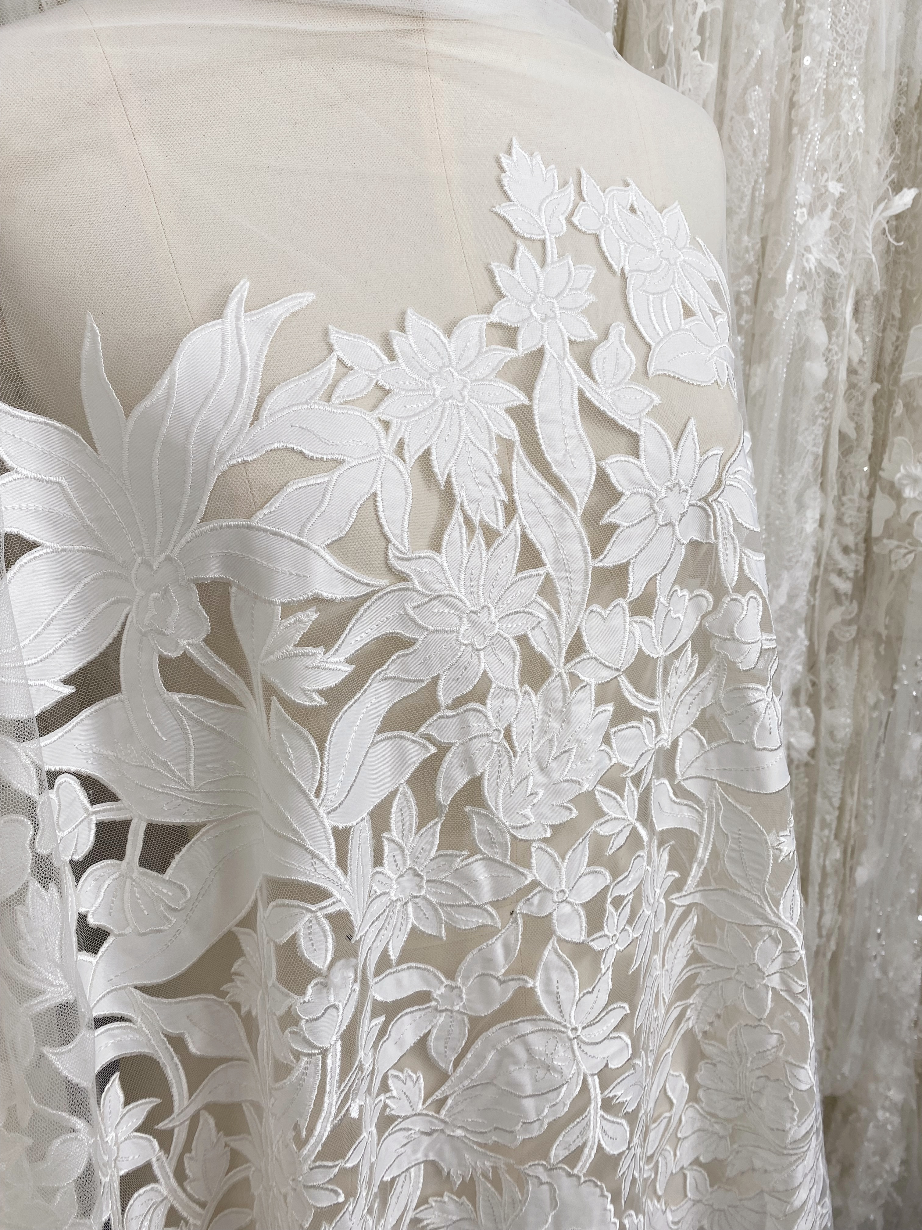 Ivory Floral Lace on Mesh with Large Appliqués, Bridal Lace Fabric with Dimensional Embroidery for Wedding Dress