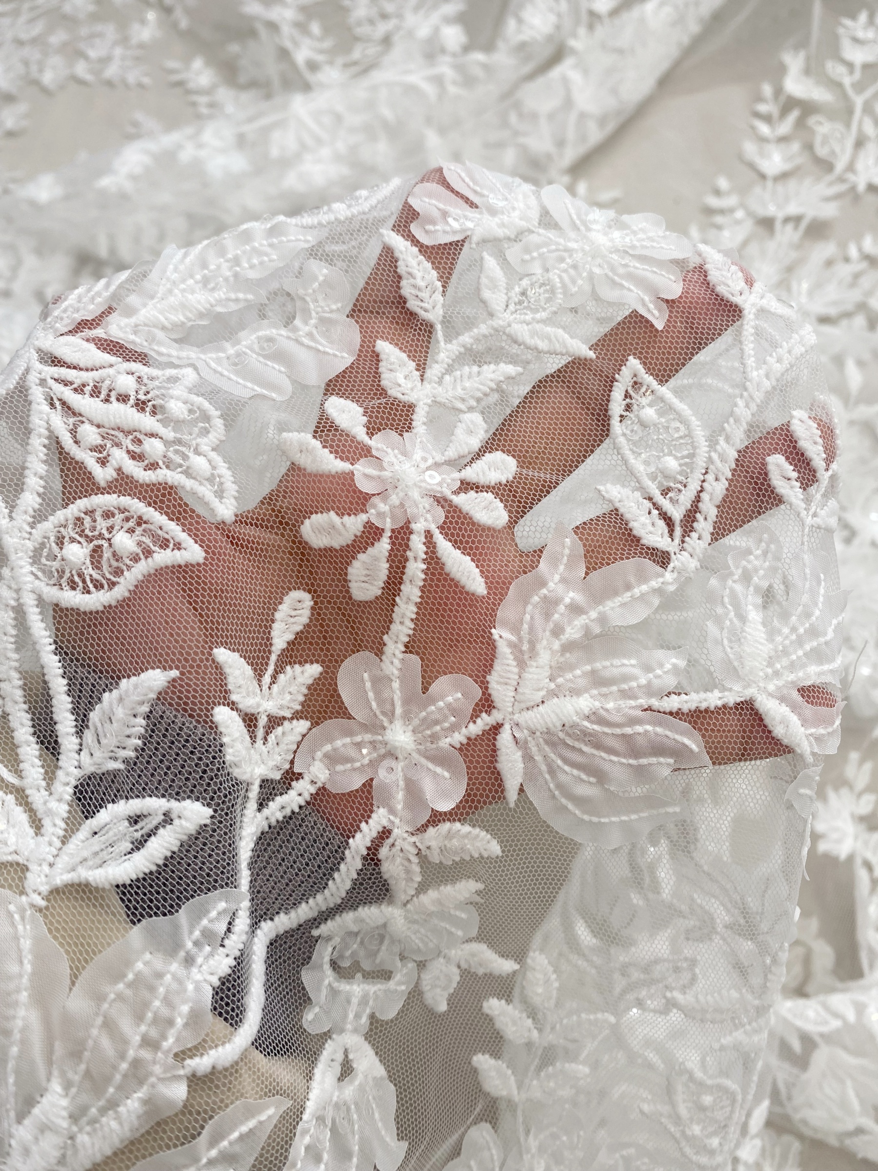 3D Off White Flower Petal Embroidery Lace Fabric, Wedding Bridal Evening Dress Costume Veil Dress Materials Sold by yard