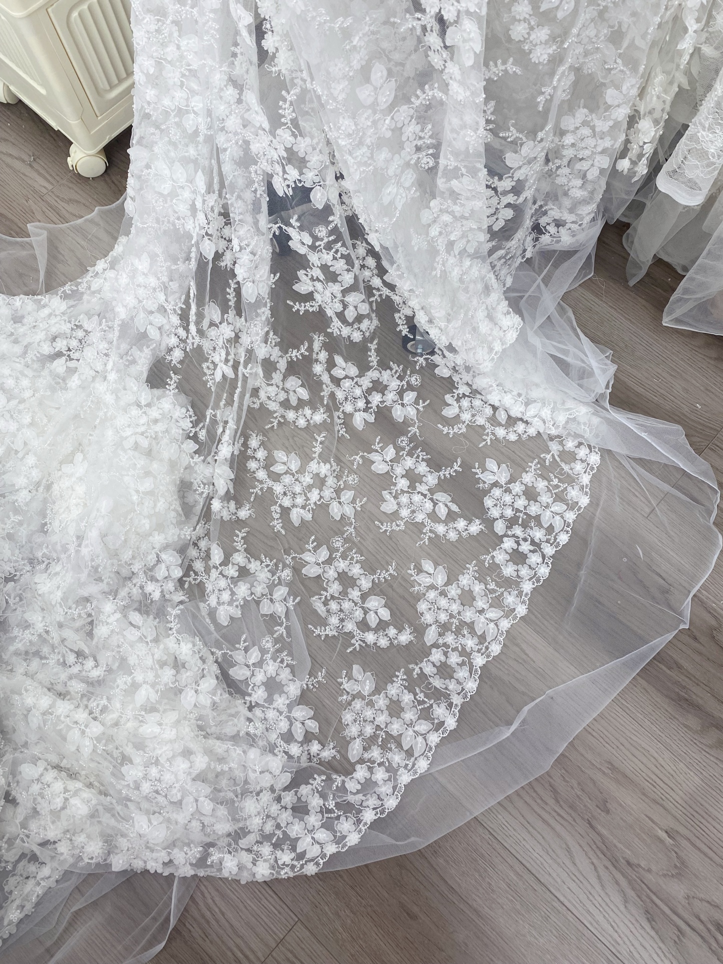 Ivory 3D Flower Beaded Sequin Lace Fabric, Bridal Floral Embroidered Tulle for Wedding Dress, Veil, Couture, by the Yard