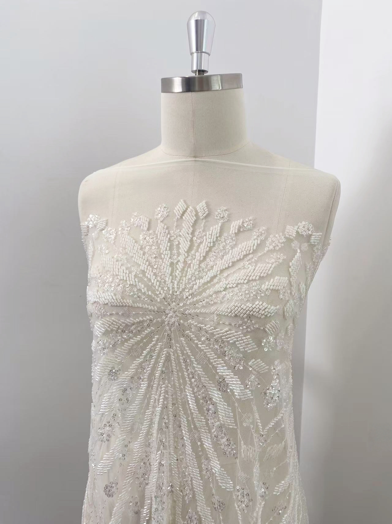 Off-White Heavy Beaded Squines Lace Fabric, Embroidered Tulle Bridal Dress Material, Party Dress Tulle, Luxury Couture Lace Fabric