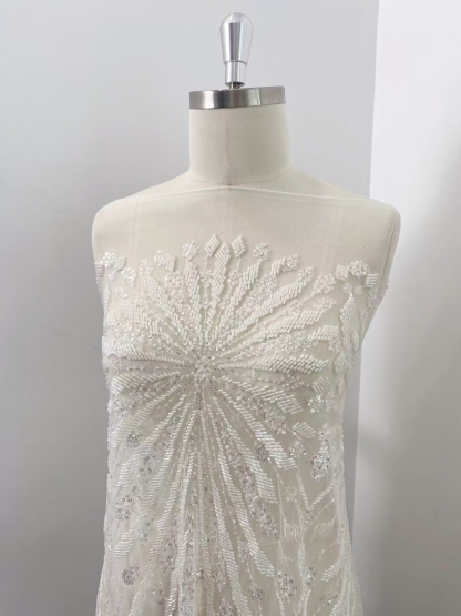 Off-White Heavy Beaded Squines Lace Fabric, Embroidered Tulle Bridal Dress Material, Party Dress Tulle, Luxury Couture Lace Fabric