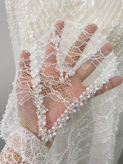 Heavy Sequin Beaded Lace Fabric, Stripe Lace on Soft Mesh for Bridal Wedding Dress, Prom Dress, Flower Embroidery Tulle Lace by the yard