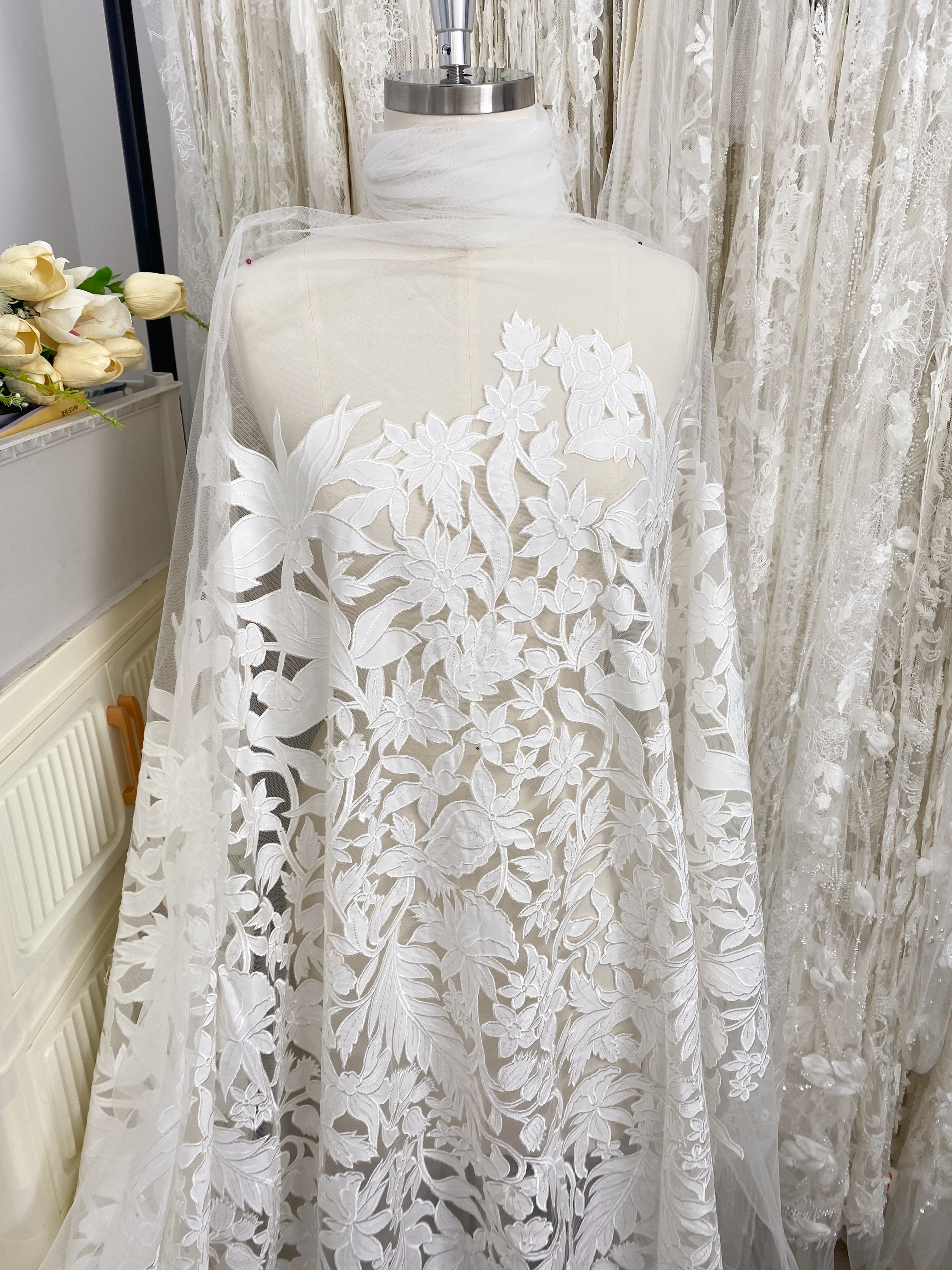 Ivory Floral Lace on Mesh with Large Appliqués, Bridal Lace Fabric with Dimensional Embroidery for Wedding Dress