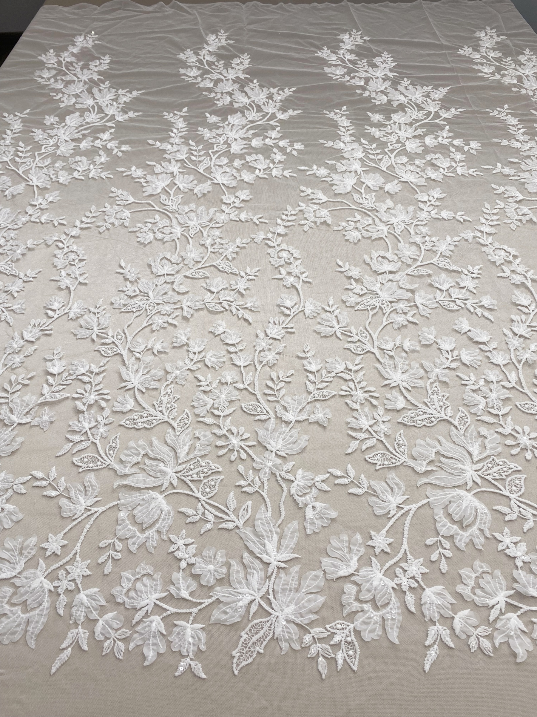 3D Off White Flower Petal Embroidery Lace Fabric, Wedding Bridal Evening Dress Costume Veil Dress Materials Sold by yard