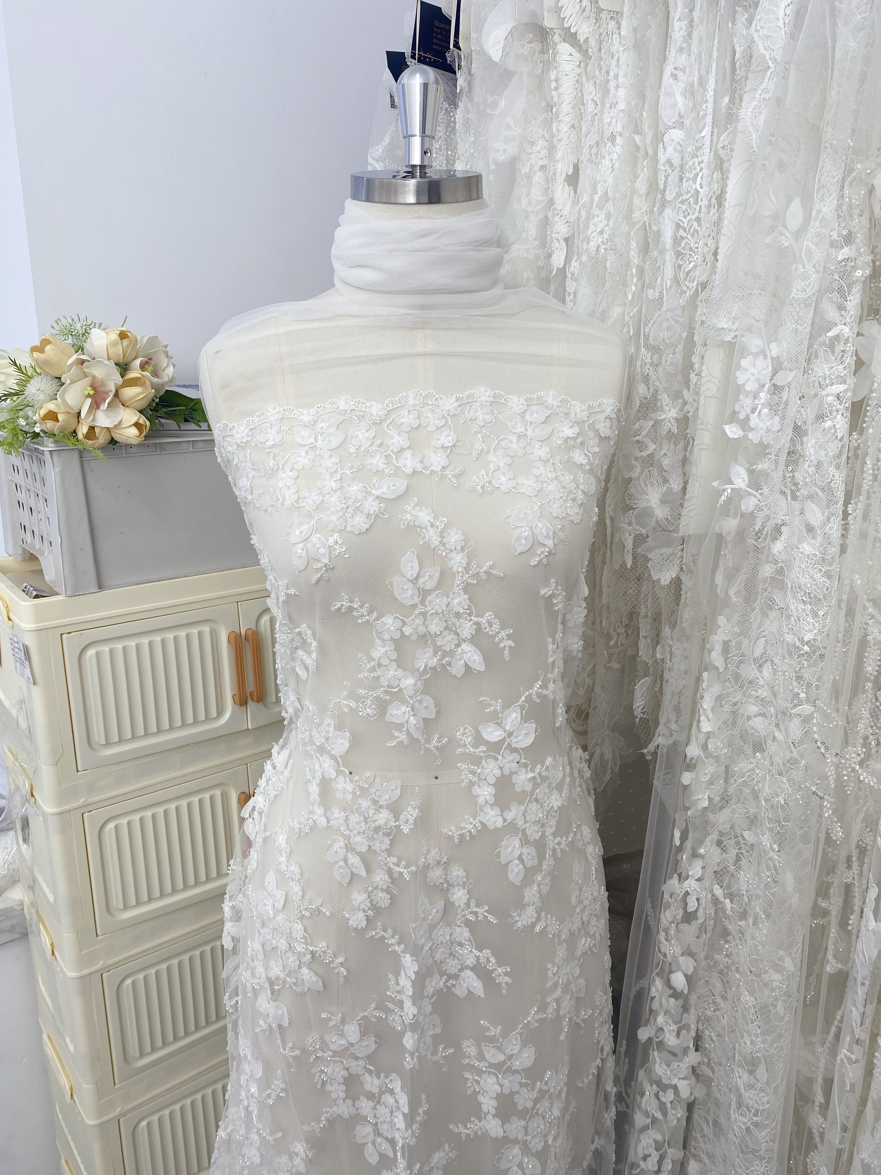 Ivory 3D Flower Beaded Sequin Lace Fabric, Bridal Floral Embroidered Tulle for Wedding Dress, Veil, Couture, by the Yard