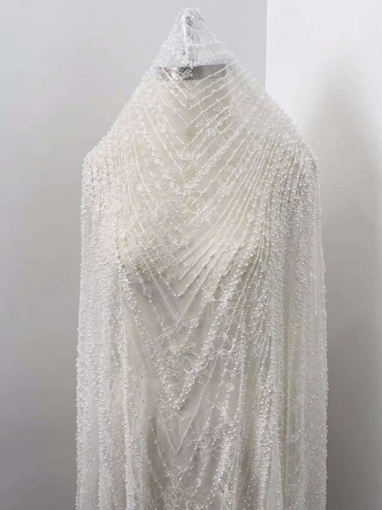 Heavy Sequin Beaded Lace Fabric, Stripe Lace on Soft Mesh for Bridal Wedding Dress, Prom Dress, Flower Embroidery Tulle Lace by the yard