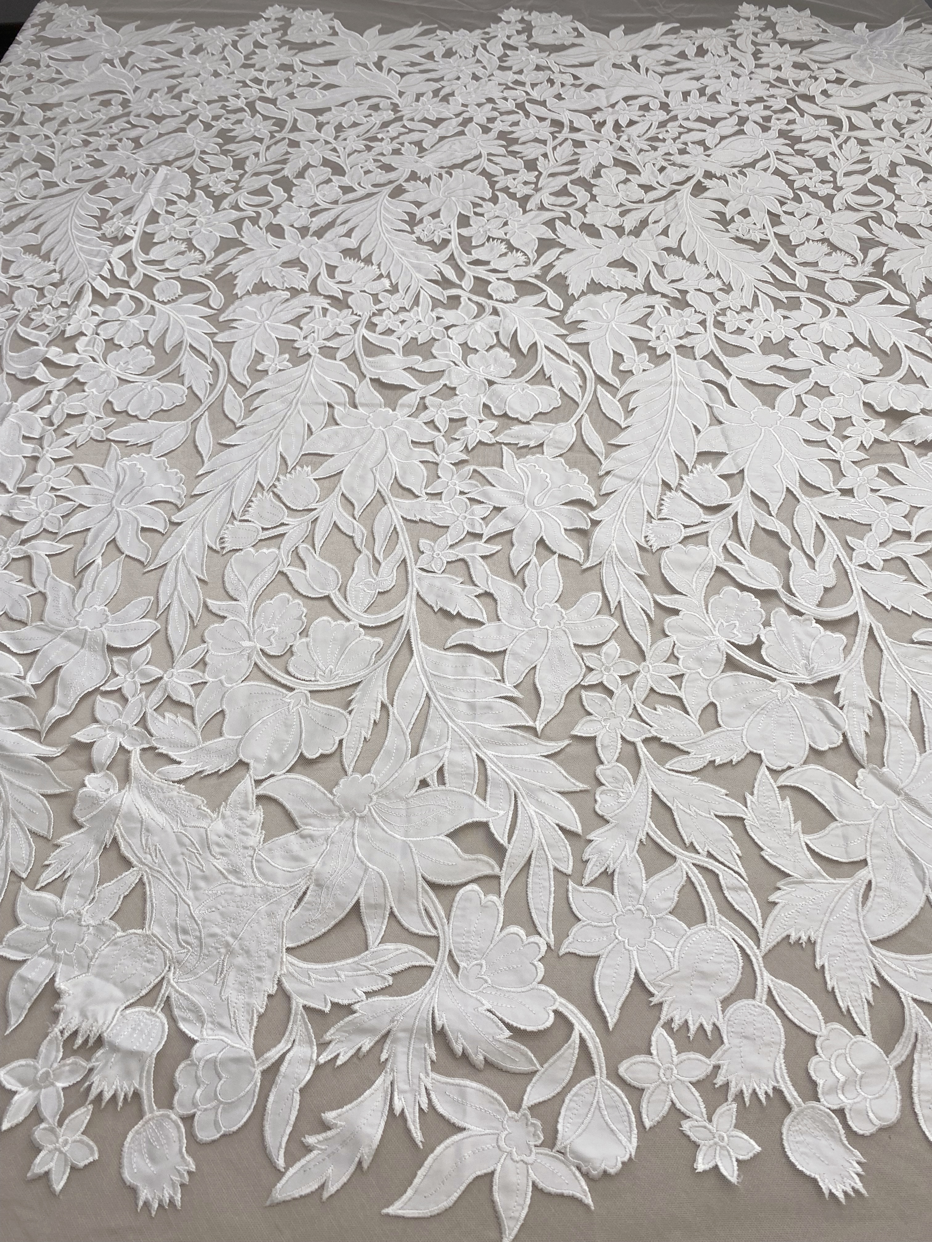 Ivory Floral Lace on Mesh with Large Appliqués, Bridal Lace Fabric with Dimensional Embroidery for Wedding Dress