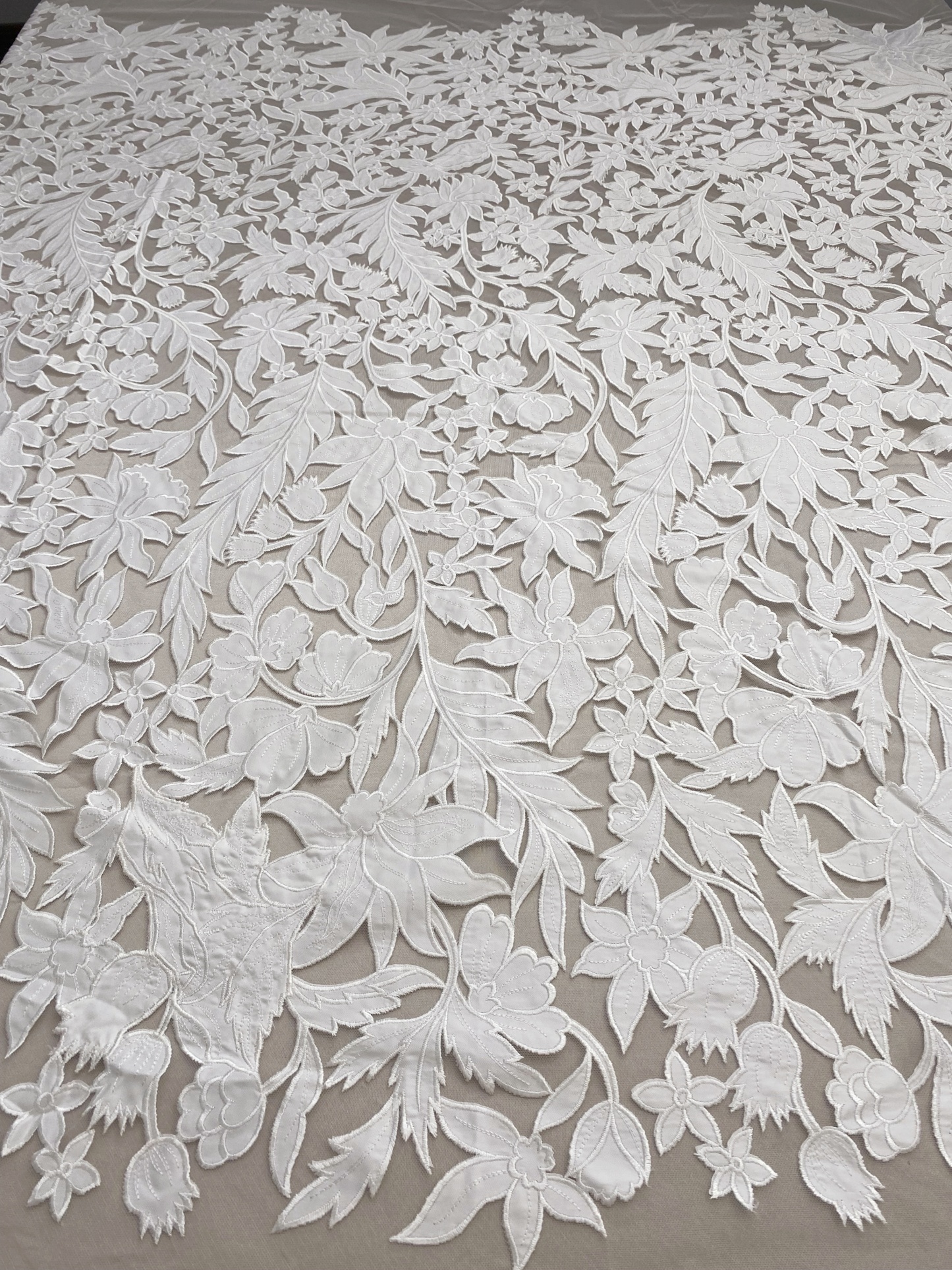 Ivory Floral Lace on Mesh with Large Appliqués, Bridal Lace Fabric with Dimensional Embroidery for Wedding Dress