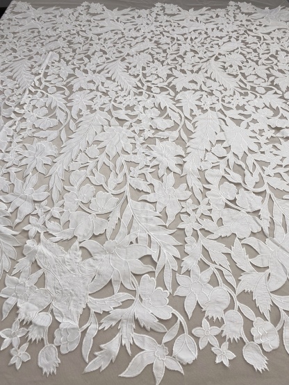 Ivory Floral Lace on Mesh with Large Appliqués, Bridal Lace Fabric with Dimensional Embroidery for Wedding Dress