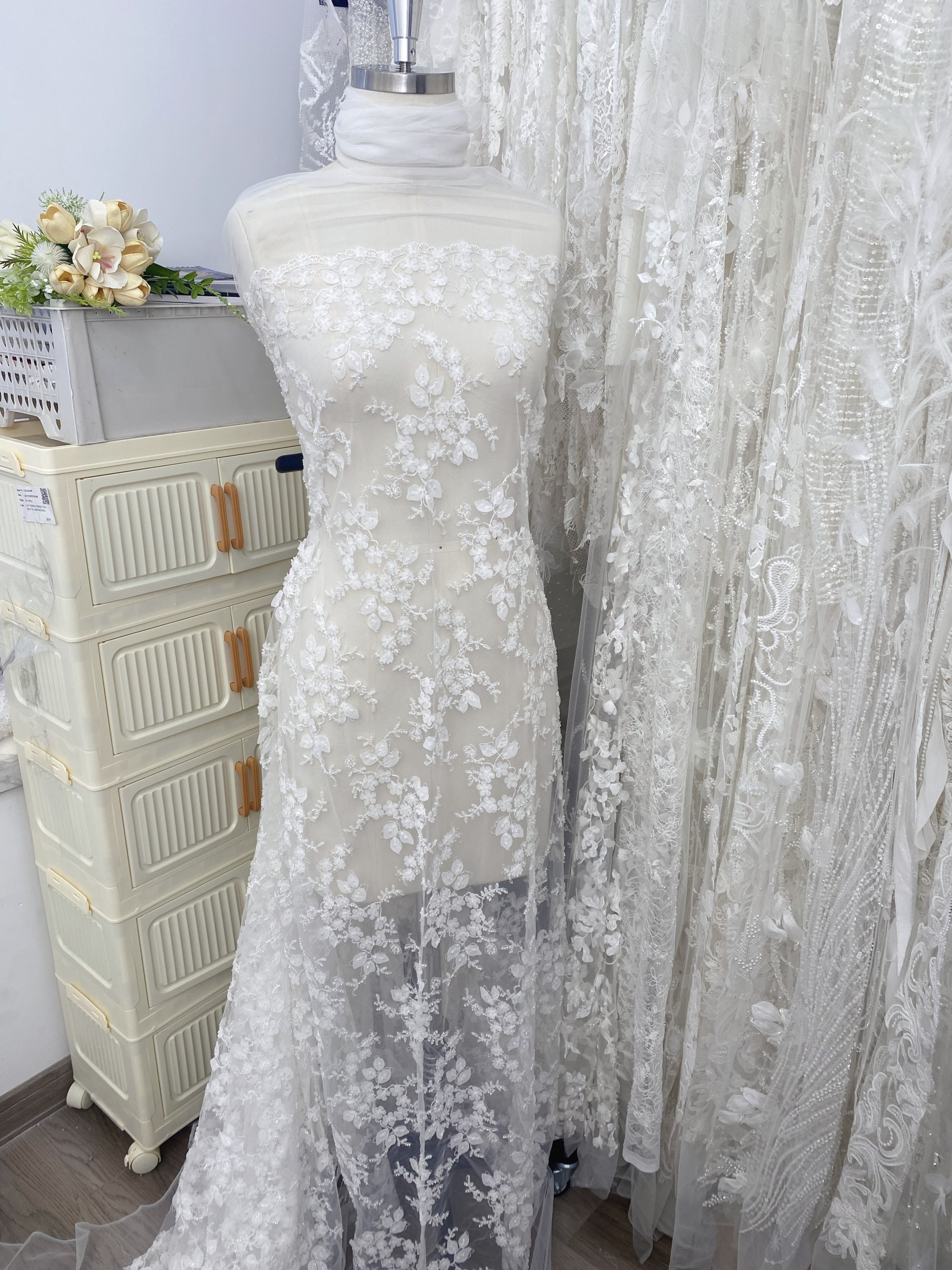 Ivory 3D Flower Beaded Sequin Lace Fabric, Bridal Floral Embroidered Tulle for Wedding Dress, Veil, Couture, by the Yard