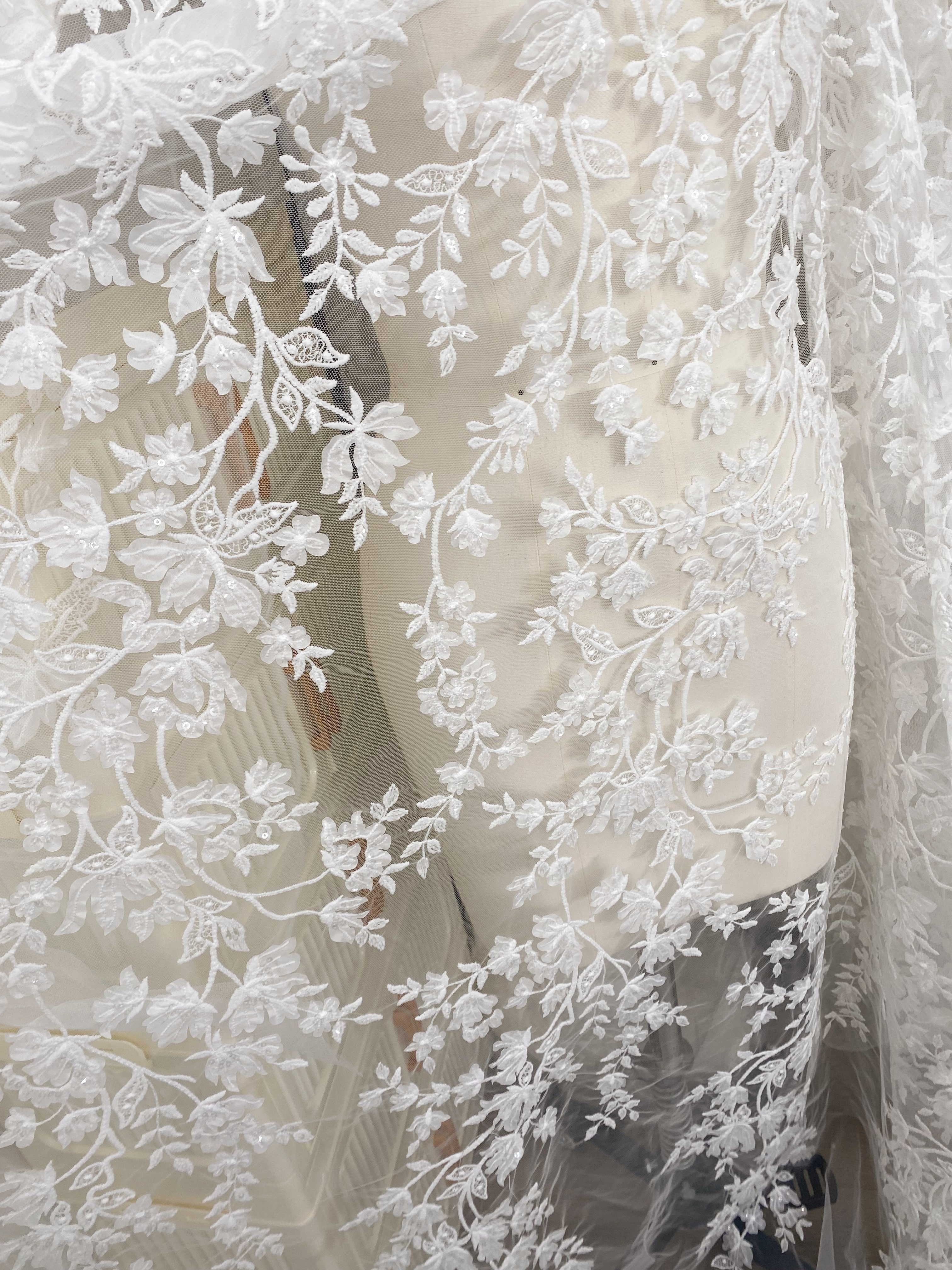 3D Off White Flower Petal Embroidery Lace Fabric, Wedding Bridal Evening Dress Costume Veil Dress Materials Sold by yard