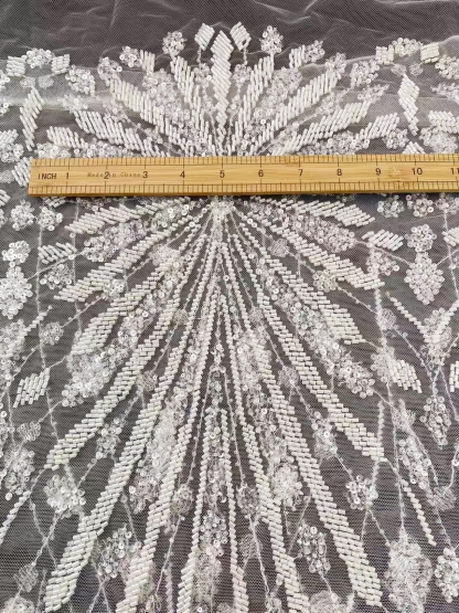 Off-White Heavy Beaded Squines Lace Fabric, Embroidered Tulle Bridal Dress Material, Party Dress Tulle, Luxury Couture Lace Fabric
