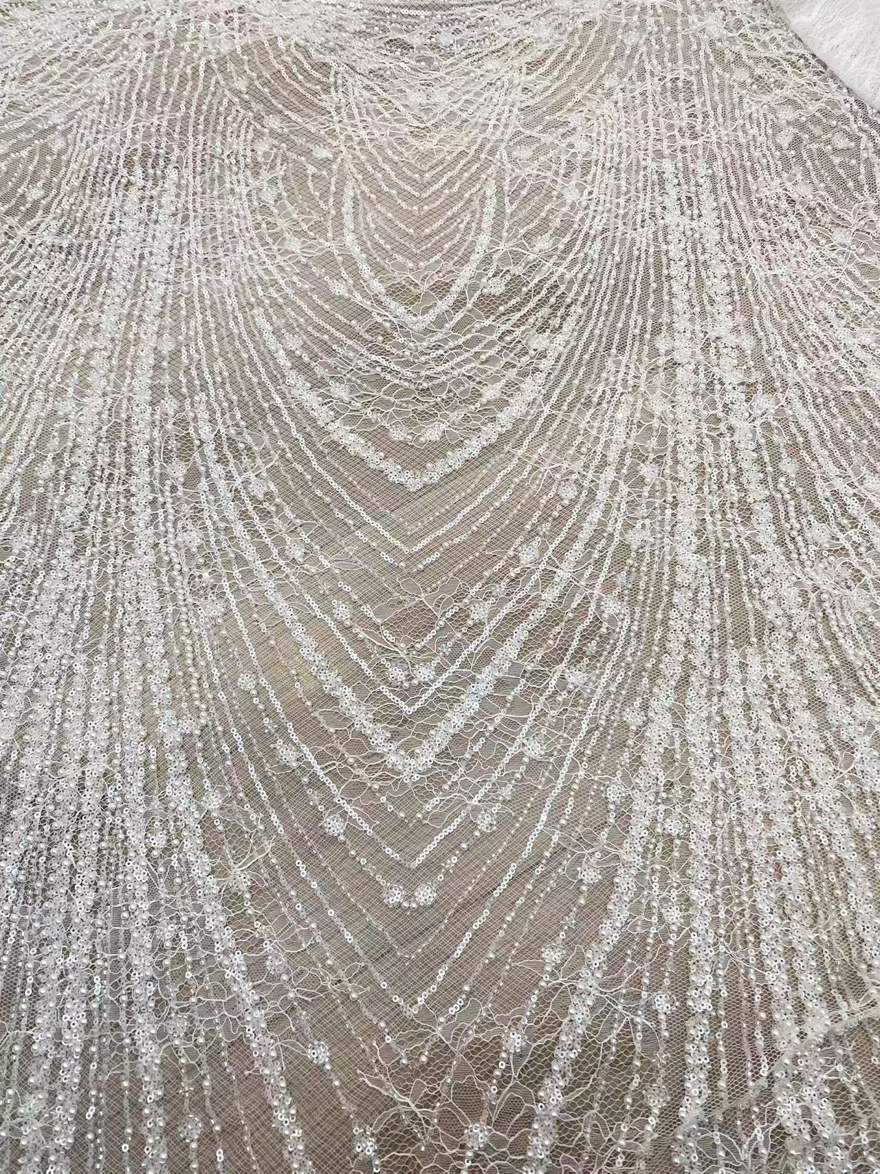 Heavy Sequin Beaded Lace Fabric, Stripe Lace on Soft Mesh for Bridal Wedding Dress, Prom Dress, Flower Embroidery Tulle Lace by the yard