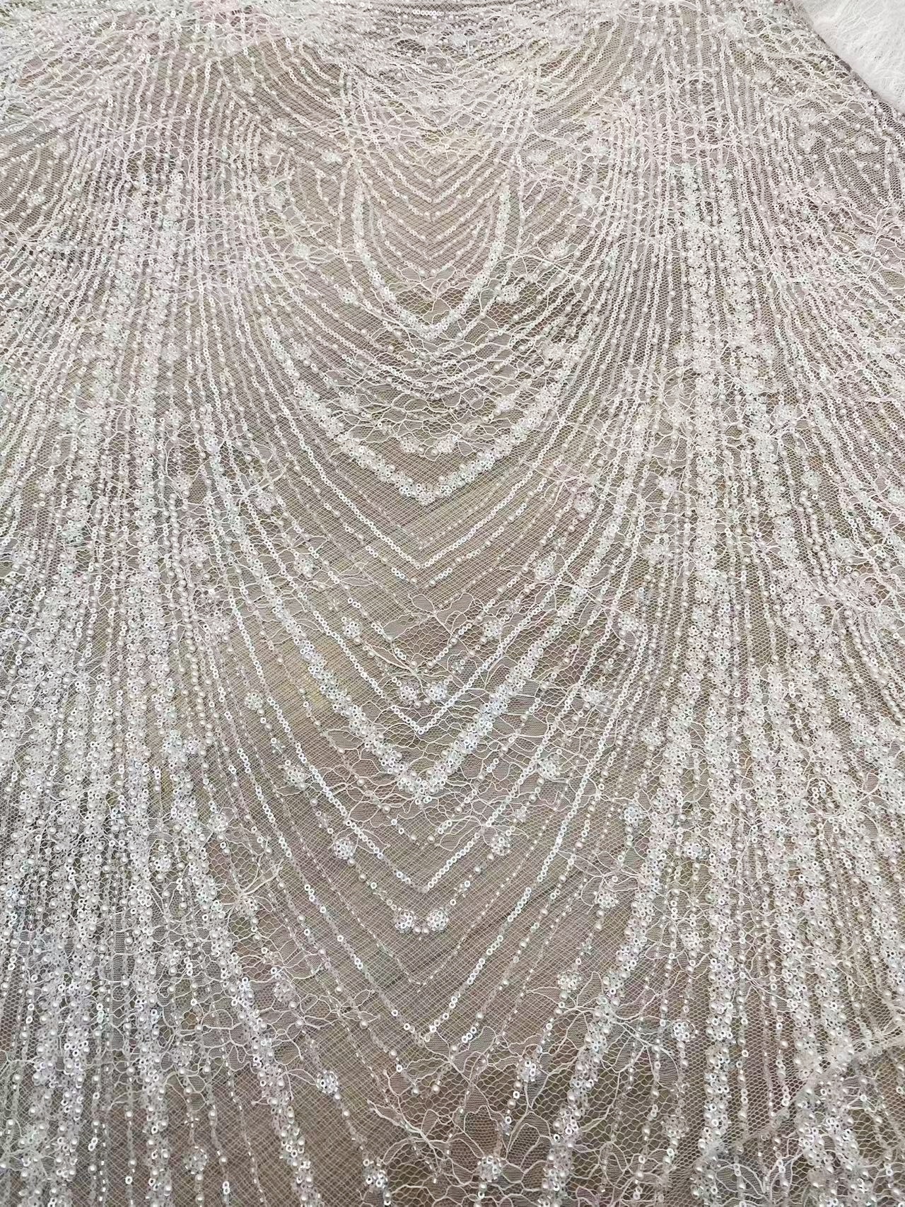 Heavy Sequin Beaded Lace Fabric, Stripe Lace on Soft Mesh for Bridal Wedding Dress, Prom Dress, Flower Embroidery Tulle Lace by the yard