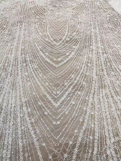 Heavy Sequin Beaded Lace Fabric, Stripe Lace on Soft Mesh for Bridal Wedding Dress, Prom Dress, Flower Embroidery Tulle Lace by the yard
