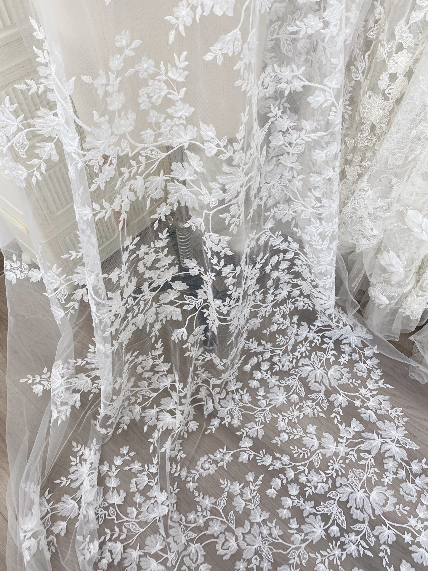 3D Off White Flower Petal Embroidery Lace Fabric, Wedding Bridal Evening Dress Costume Veil Dress Materials Sold by yard
