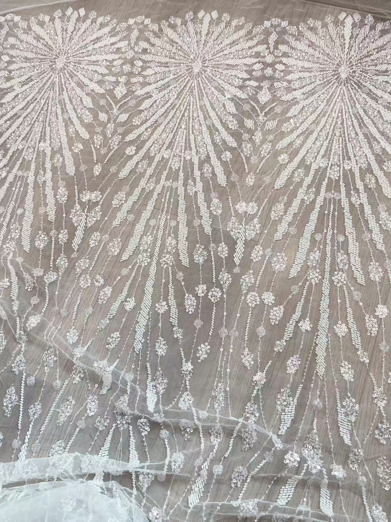 Off-White Heavy Beaded Squines Lace Fabric, Embroidered Tulle Bridal Dress Material, Party Dress Tulle, Luxury Couture Lace Fabric