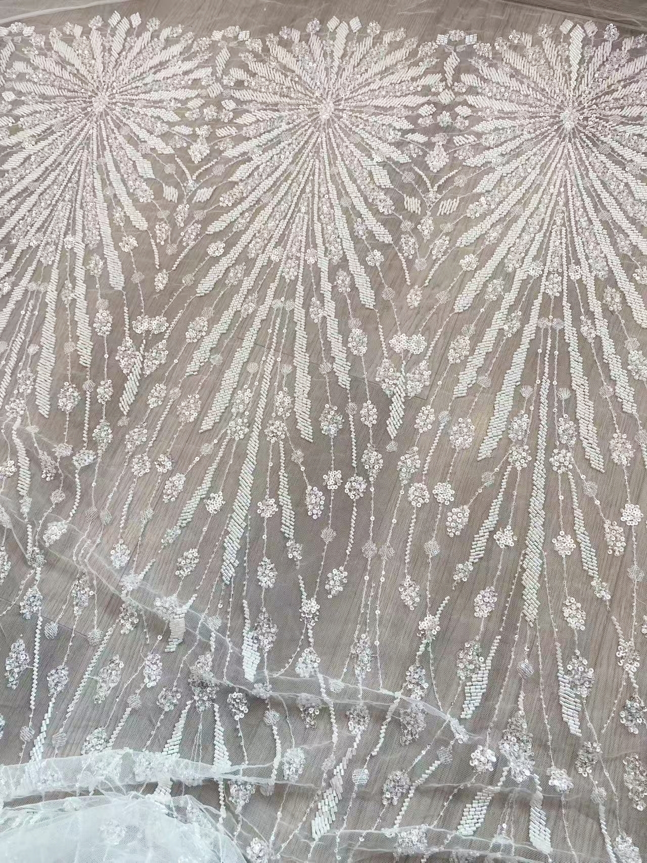 Off-White Heavy Beaded Squines Lace Fabric, Embroidered Tulle Bridal Dress Material, Party Dress Tulle, Luxury Couture Lace Fabric