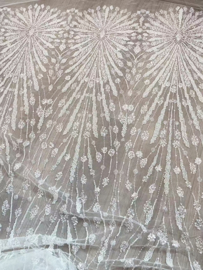 Off-White Heavy Beaded Squines Lace Fabric, Embroidered Tulle Bridal Dress Material, Party Dress Tulle, Luxury Couture Lace Fabric